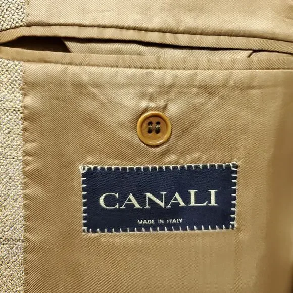 Canali Hopsack Blazer Size 42 Wool Silk Blend Brown Windowpane Plaid 3 Button
